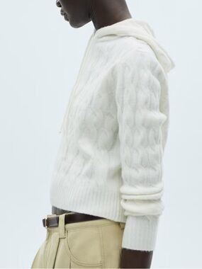 Mango Women’s Ecru Chunky Plush Cable-Knit Hoodie Sweater Size XS